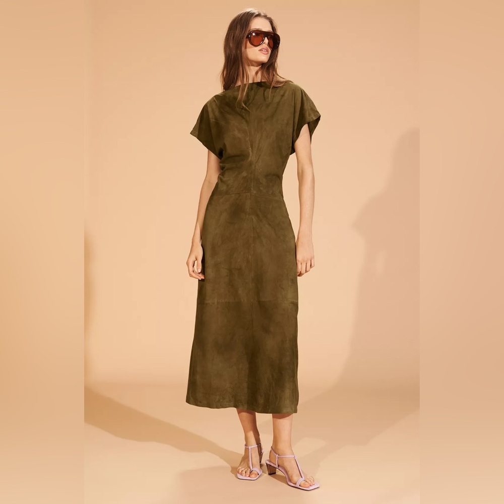 Zara Studio Chic Olive Green Maxi Natural Goat Leather Dress